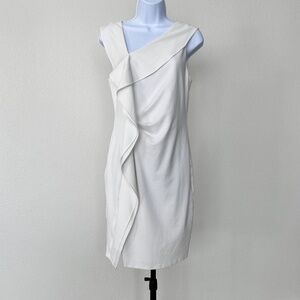 Halston Ruffle Sheath Dress Asymmetrical Neckline Side Pleated in ivory sz 8 EUC